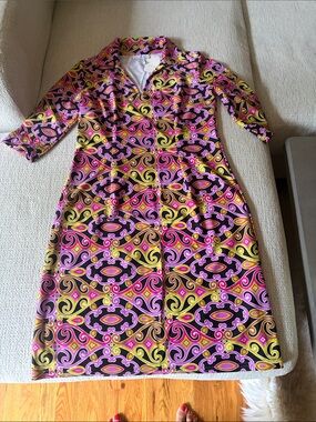 Jude Connally Purple, hot pink, Yellow & Black Retro Midi Dress